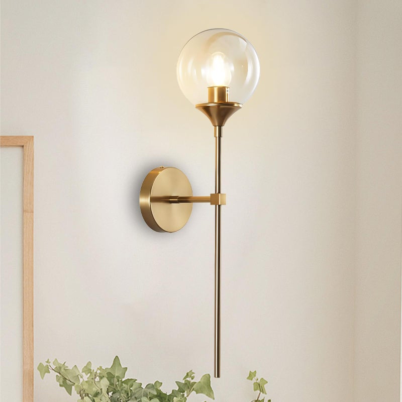 KCO Lighting Brushed Brass Gold Wall Mounted Sconce Mid Century Modern Wall Light Fixture Vintage Long Wall Lamp Amber Glass Wall Sconce Lighting Globe Round Wall Light (Amber) - Image 1